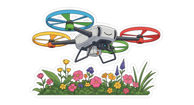Drone flying over colorful flowers and grass