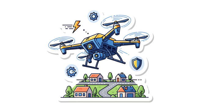 Drone flying over houses with gears and shield icons