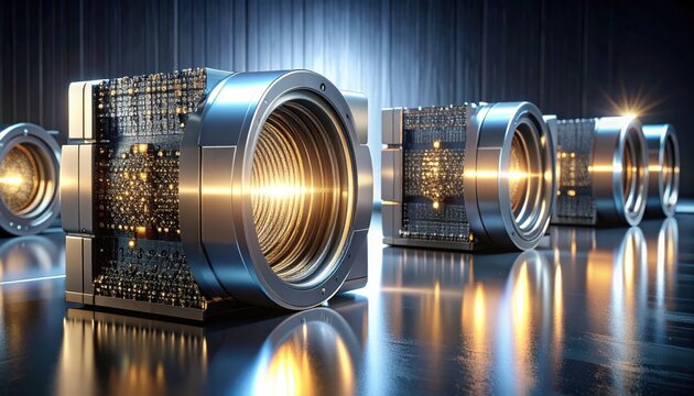 Gleaming superconducting quantum logic gates depicted with intricate metallic architecture in a high tech laboratory setting for advanced computing research.