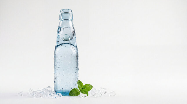 Japanese ramune soda glass bottle with marble stopper sparkling condensation and crushed ice on white background