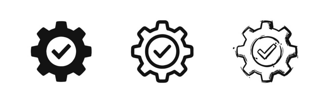 Gear settings icon with checkmark symbol in flat line and hand drawn styles