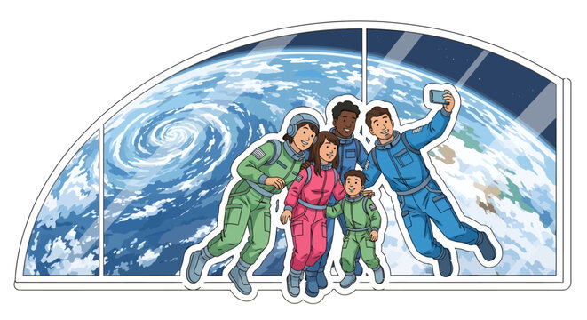 family in space suits looking at Earth from spacecraft window