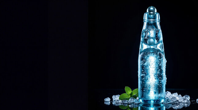 Japanese ramune soda bottle with dramatic ice blue backlight and electric cyan rim lighting on dark noir background