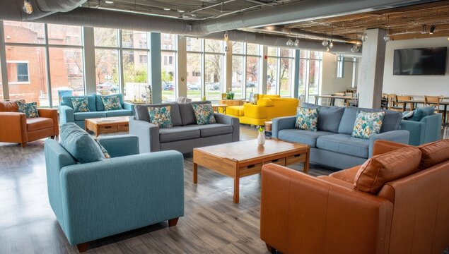 A brightly lit, modern common area features a collection of colorful sofas and chairs arranged around a wooden coffee table, offering a comfortable and inviting space for relaxation and socializing.