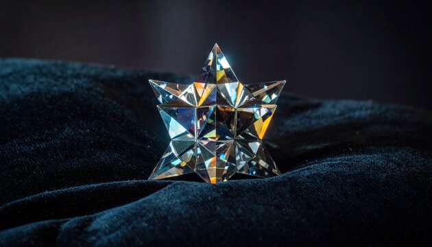 A radiant star shaped faceted gemstone resting on a soft dark velvet surface captured with intricate light refraction patterns that emphasize its sharp geometric cuts and luxurious appeal.