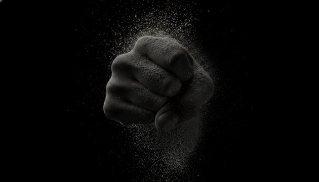 Powerful fist punching through dust particles in a dramatic low key studio lighting setup against a stark black background symbolizing force impact and explosive energy with fine