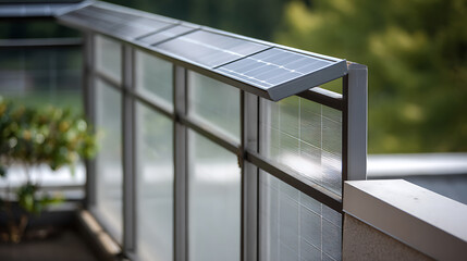 Fototapeta premium Modern architectural detail: Solar panels integrated into a building's balcony or terrace railing, showcasing renewable energy solutions and sustainable living