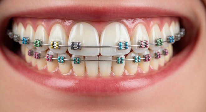 A close-up view of a person's smile showcasing dental braces with colorful bands