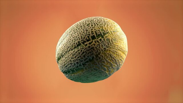 A realistic 3D graphic asset showing a whole ripe cantaloupe melon with detailed net skin texture spinning smoothly in a 360-degree rotation loop over a warm orange backdrop. Perfect for grocery ads, 
