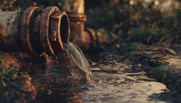 A weathered concrete pipe discharges a stream of murky water into a natural environment, highlighting themes of industrial impact and environmental concern.