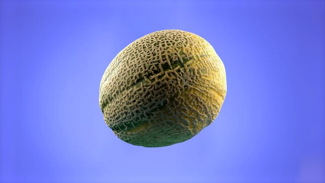 A detailed 3D model of a whole ripe cantaloupe melon with textured skin. Perfect for grocery store promotions, healthy eating guides, and culinary animations on a clean blue screen.