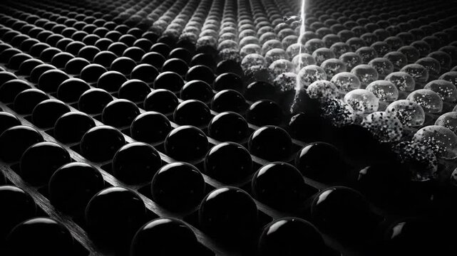 Cinematic extreme macro 3D animation of electronic ink microcapsules changing color from clear to solid black under an electrical charge