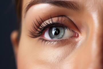 Fototapeta premium Woman's detailed grey eye showing the pupil and long fake eyelashes