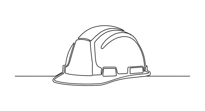 Simple line art illustration of a hard hat, a protective helmet worn on construction sites and industrial environments to safeguard the head from falling objects and impacts