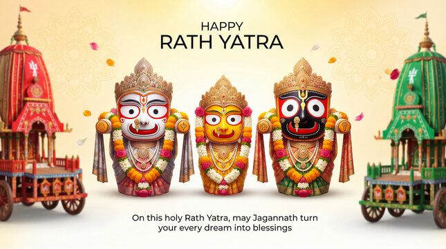Three colorful Jagannath deities with ornate crowns and garlands stand between two intricately decorated wooden chariots during a festive Rath Yatra celebration with falling flower petals