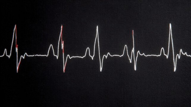 White ECG EKG Heartbeat Waveform on Black Background with Red Markers Medical Cardiology