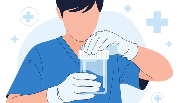 Medical professional in blue uniform and gloves holding specimen container with liquid