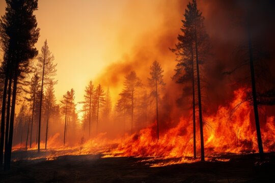 Wildfire burning a pine forest with flames, smoke, and an orange sky