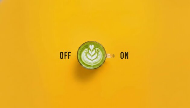 Green matcha latte art on switch lever with 'off' and 'on' text against vibrant yellow background concept of energy boost and morning routine activation