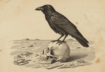 Obraz premium sketch style raven perch on human skull.