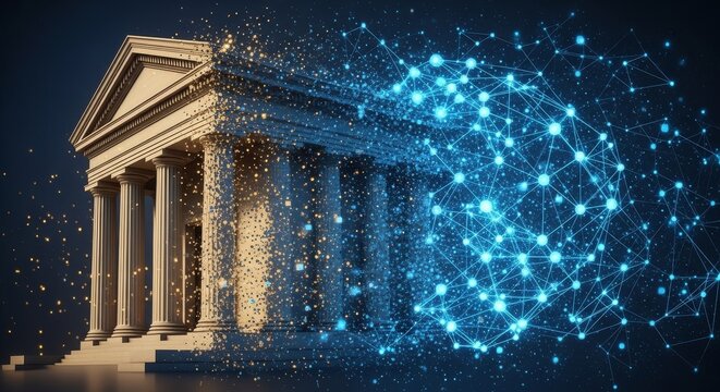 ancient greek temple with glowing blue network connections at night
