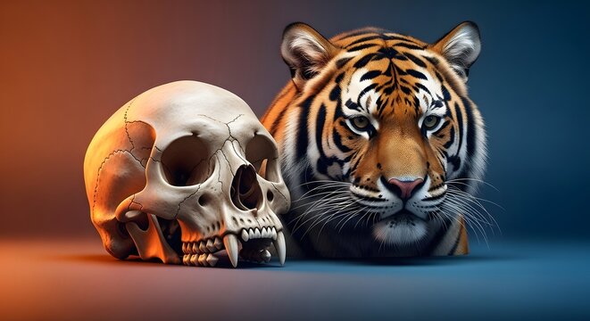Close-up of a Tigers Head and a Human Skull on a Gradient Background.