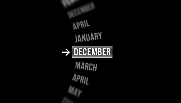 Arrow pointing to december on a dark circular calendar with months listed in white symbolizing time passing and the end of the year approaching abstract concept