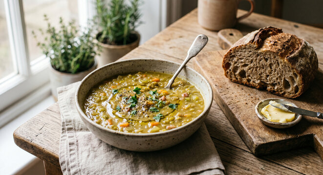 Split pea soup with crusty bread and comfort food concept