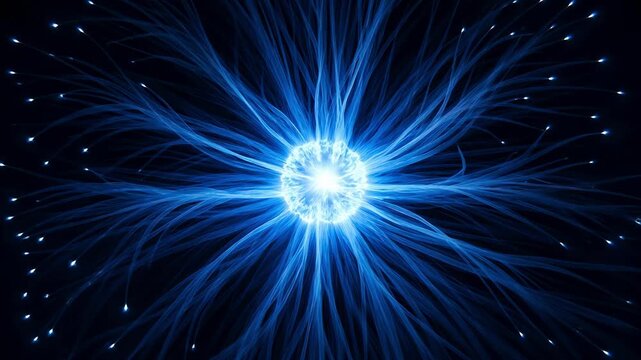 Abstract digital art featuring a luminous blue glowing orb with radiating light rays and energy streaks bursting outward against a dark background, perfect for technology and energy concepts.