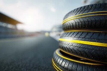 Fototapeta premium A stack of racing tires with yellow stripes sits prominently in the foreground, hinting at speed and competition against a blurred racetrack backdrop.