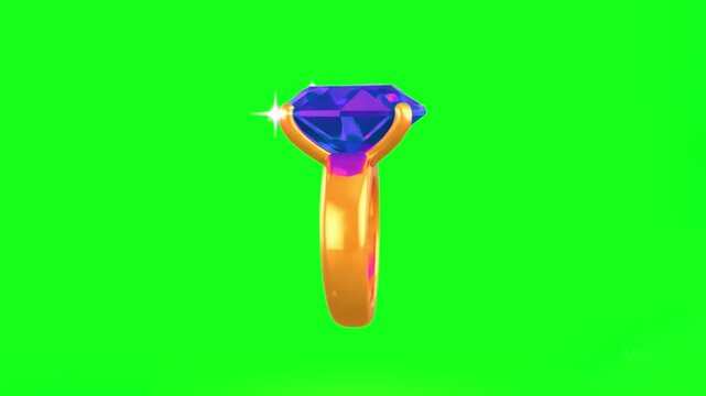 A luxury 3D realistic model of a polished gold engagement ring featuring a sparkling purple gemstone diamond, isolated on a chroma key green background. Ideal for jewelry store promotions, marriage pr