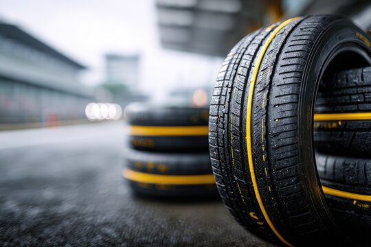 A close-up shot showcases a stack of racing tires with vibrant yellow markings, set against a blurred backdrop of a racetrack and modern buildings, emphasizing speed and performance.