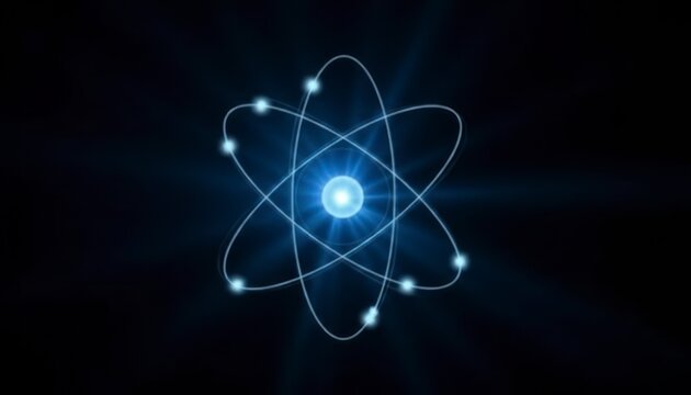 Abstract glowing atomic nucleus with orbiting electrons in a dark blue void representing science energy and fundamental particles in a futuristic digital concept