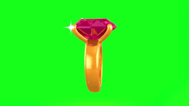 A premium 3D golden ring featuring a large, brilliant-cut red ruby gemstone with sparkling light effects. Ideal for jewelry advertisements and romantic wedding visuals on a chroma key background.