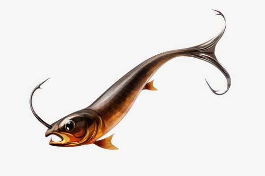 Artificial bait fish with sharp hooks on its head and tail, isolated on white background