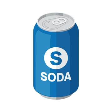 Isometric Blue Soda Can Illustration with White S Logo and Soda Text.
