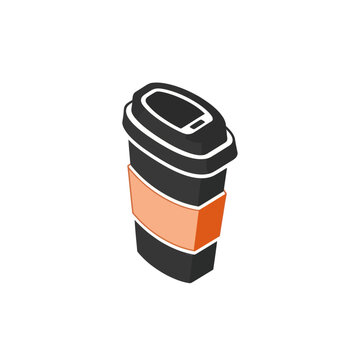 Isometric Illustration of a Black Coffee Cup with Orange Sleeve.
