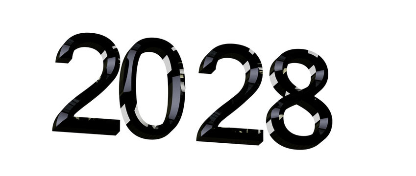 2028 year in glossy black font, isolated on white background. Perfect for new year greetings and fut