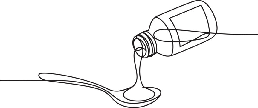 continuous line drawing of spoon and bottle of medicine syrup.one line drawing of bottle pouring medicine syrup into spoon. one line Icon drawing