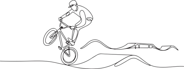 Obraz premium Continuous one line drawing male athlete performing 360 rotation trick in skate park on his bike while balancing one wheel. one line Icon drawing
