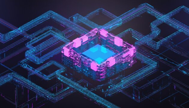 abstract 3d blue and pink color glitch blocks chain isometric and digital cloud network technology texture pattern background 3d rendering crypto system concept 3d cubes