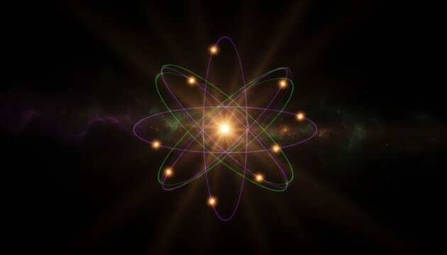 Vibrant luminous atomic nucleus with orbiting electrons in stylized representation of subatomic particle structure glowing energy and scientific discovery against a dark