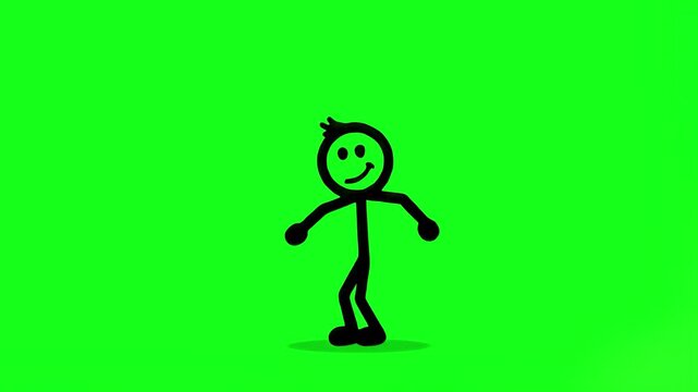 A minimalist black 2D stick figure character jumps up and down rhythmically in place against a solid chroma key green screen background. This isolated graphic asset is ideal for simple loop animations