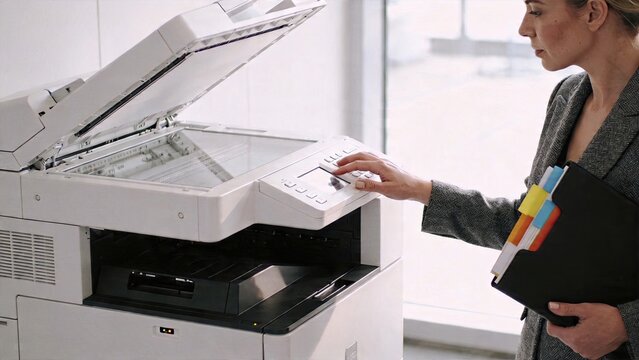 Businesswoman using office photocopier machine to scan documents in modern workspace professional corporate environment