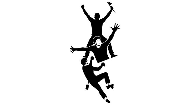 Silhouette of people jumping together outdoors.