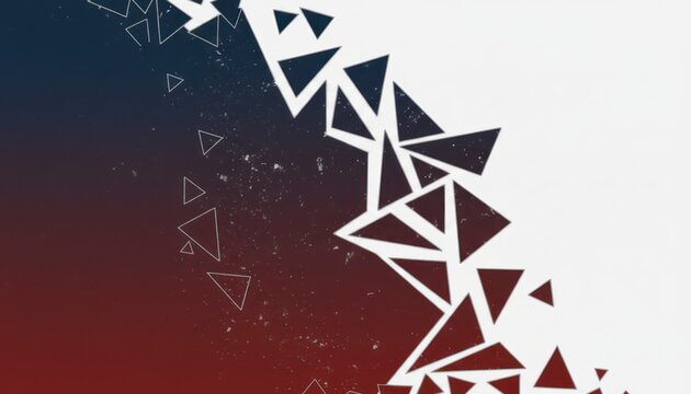 Abstract geometric explosion of sharp triangles and polygons in dark blue and red gradient fading to white dynamic digital art with scattered particles and sharp edges modern