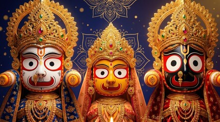 Fototapeta premium Three ornate golden crowned deities with large white eyes and painted faces in red blue and yellow against a dark blue patterned background