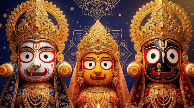 Three ornate golden crowned deities with large white eyes and painted faces in red blue and yellow against a dark blue patterned background