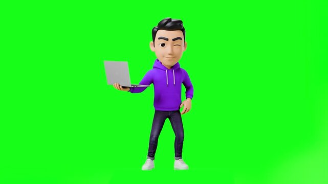A smart 3D animated young man or developer with a light skin tone, wearing a purple hoodie and black pants, holds an open laptop, winks confidently, dances, and rotates. Excellent pre-keyed moving ass