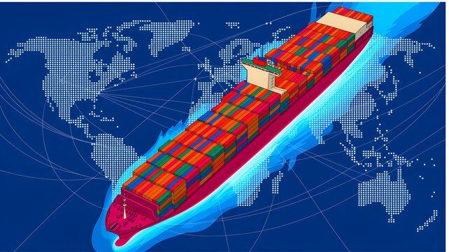 A large cargo ship sails across the ocean on a world map background